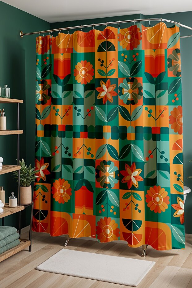 Bathroom Curtain, Vintage Bohemian Flowers Pattern Shower Curtain, Bathtub Curtain 175X200Cm