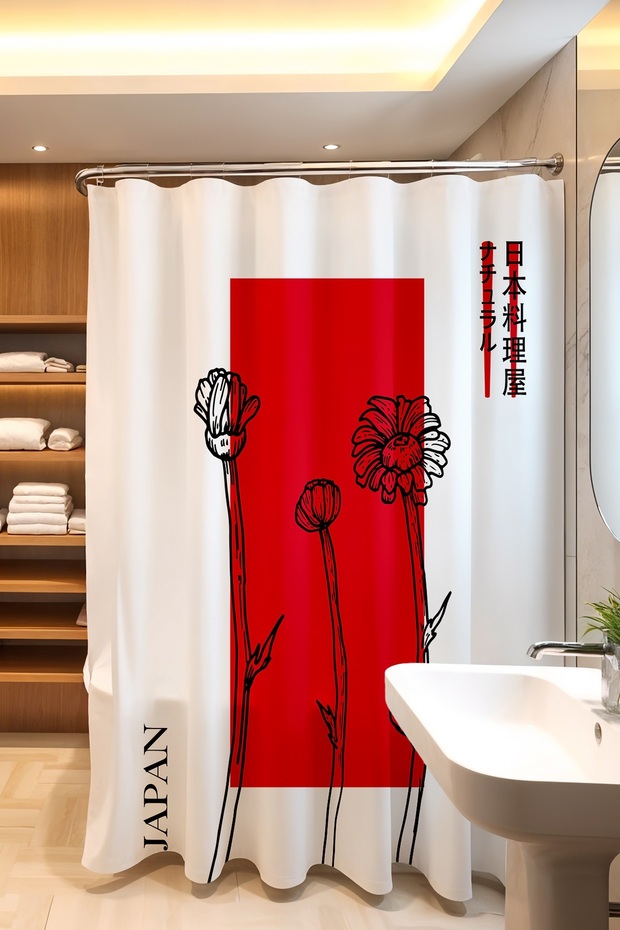 Bathroom Curtain, Red Japanese Flowers Pattern Shower Curtain, Bathtub Curtain 175X200Cm