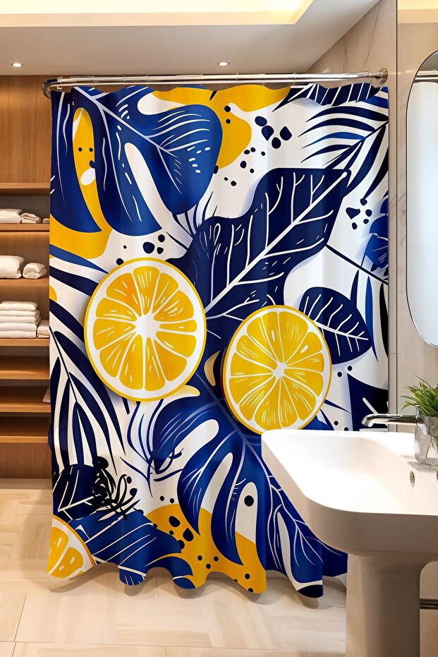 Bathroom Curtain, Indigo Leaves and Lemon Pattern Shower Curtain, Bathtub Curtain 175X200Cm