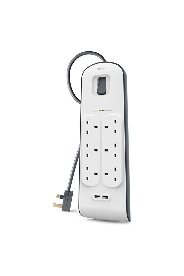 6 Way 2 Meter Surge Protection Strip with x 2.4 Ampere USB Charging