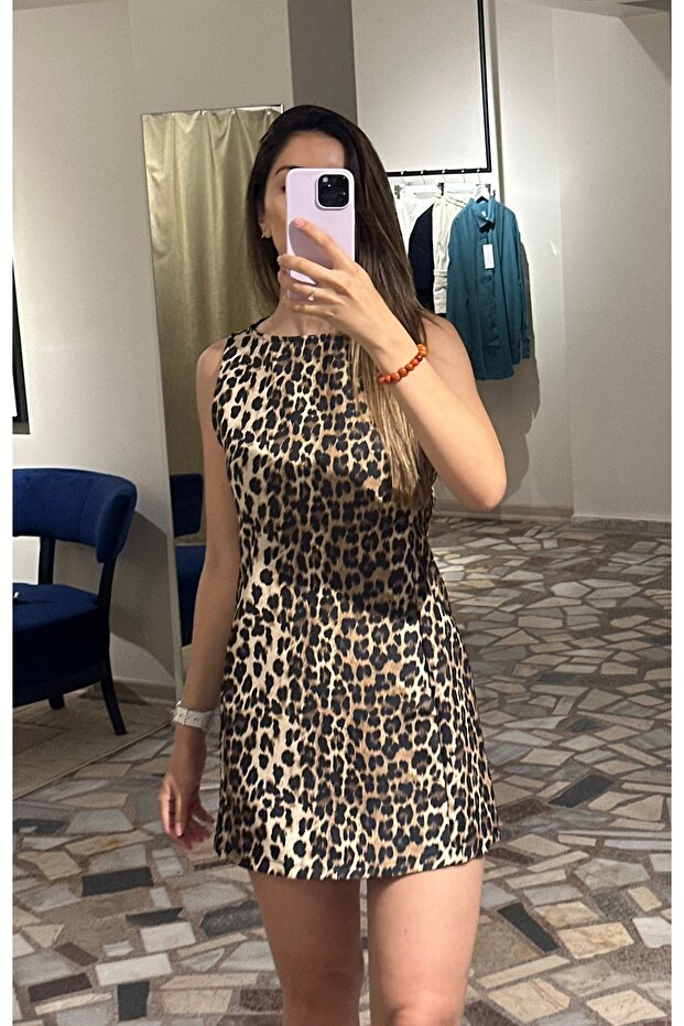 Kadın leopar mini elbise - 8