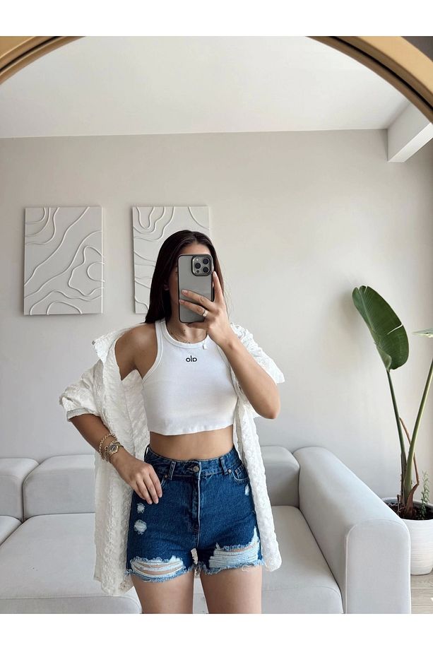 Lazer Kesim Denim Şort - KOYU MAVİ - 4