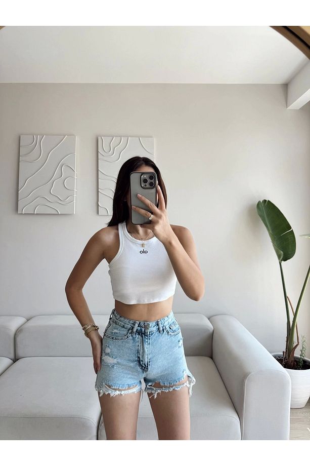 Lazer Kesim Denim Şort - AÇIK MAVİ - 1