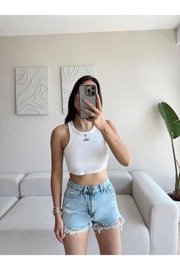 Lazer Kesim Denim Şort - AÇIK MAVİ - 2