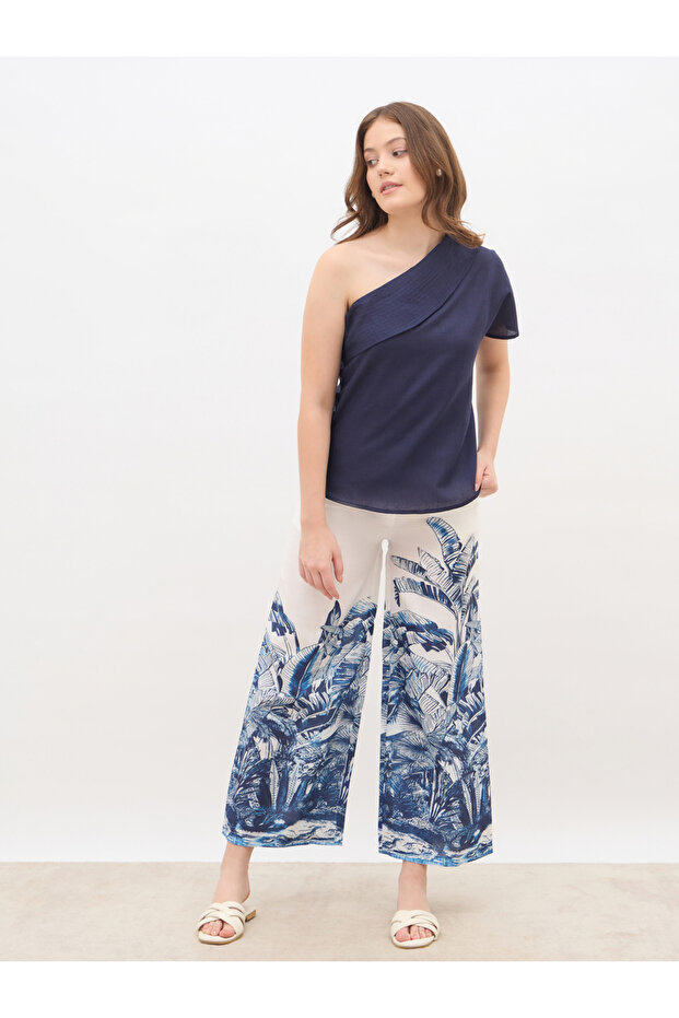 Solid One-Shoulder Top and Printed Wide Leg Pants Co-Ords
