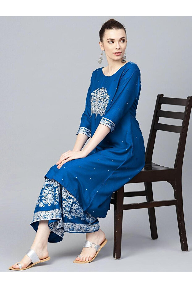 Embroidered Round Neck Kurta and Trousers Set