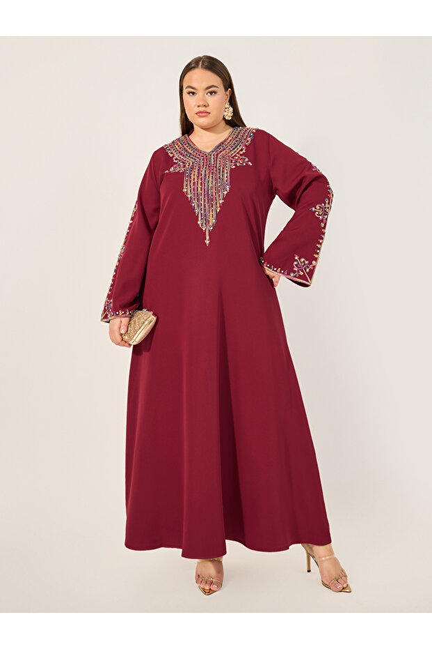 Burgundy Rhinestone Details Embroidered Maxi Jalabiya