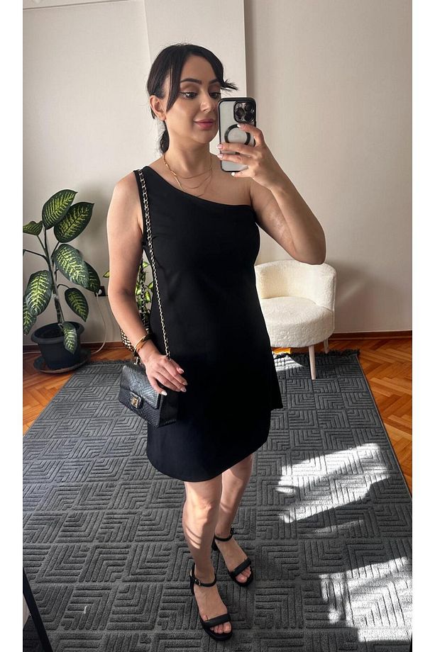 Kadın Tek Omuz Askılı Krep Mini Elbise,24892 - 4