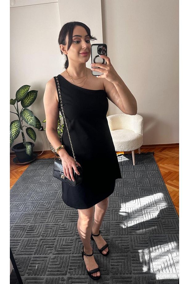 Kadın Tek Omuz Askılı Krep Mini Elbise,24892 - 3