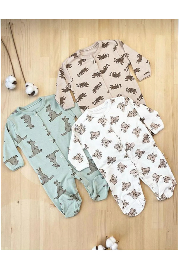 Cute Koala and Kangaroo Printed 3-Piece Unisex Jumpsuit Set 100% Cotton