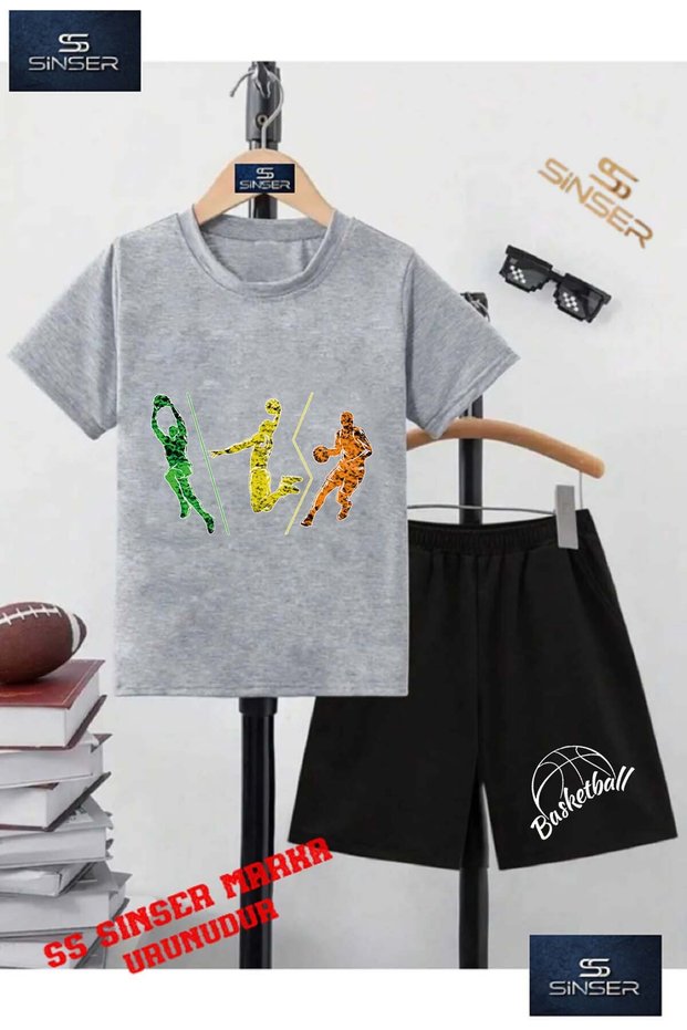 Children's Unisex “Basketball Player 3 Colors“ Special Printed Crew Neck T-Shirt - Shorts Set
