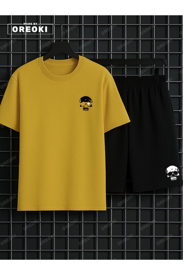 Love to Death Printed Cotton Unisex Yellow T-Shirt-Black Shorts Set