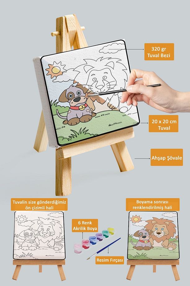Sevimli Aslan Ve Köpek, Çocuk Eğitici Tuval Boyama Hobi Seti-9171 - 3