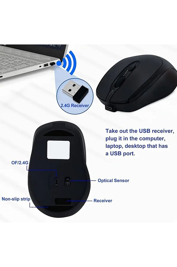 🖱️ 1200 DPI Şarjlı Bluetooth + 2.4GHz Kablosuz Mouse | Type-C Girişli, Sessiz, Siyah Wireless - 5