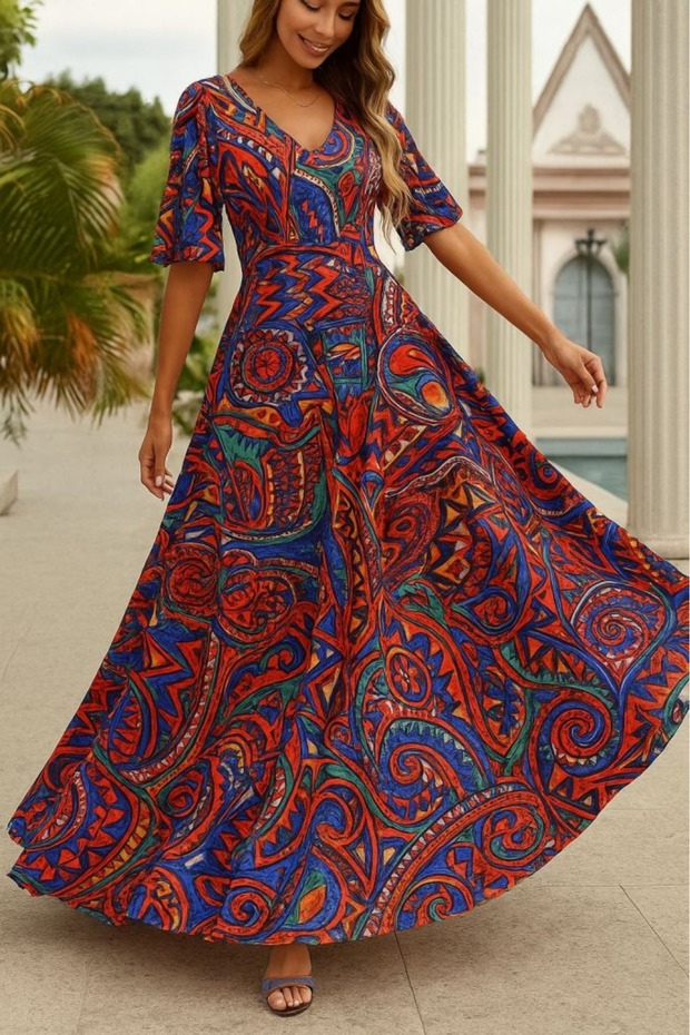 V Yaka Kısa Kollu Desenli Maxi Boy Elbise - 1