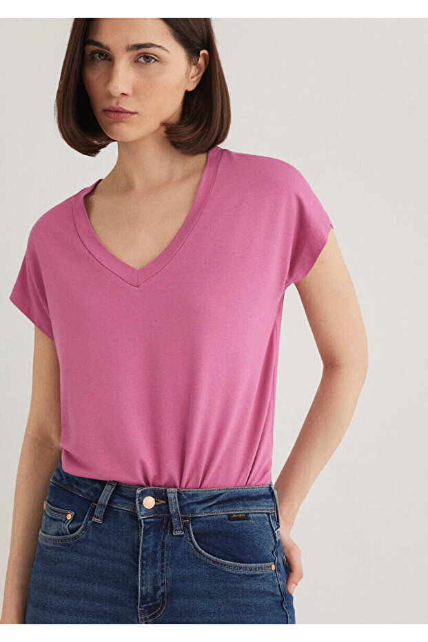 V Yaka Pembe Basic Viskoz Tişört - 3