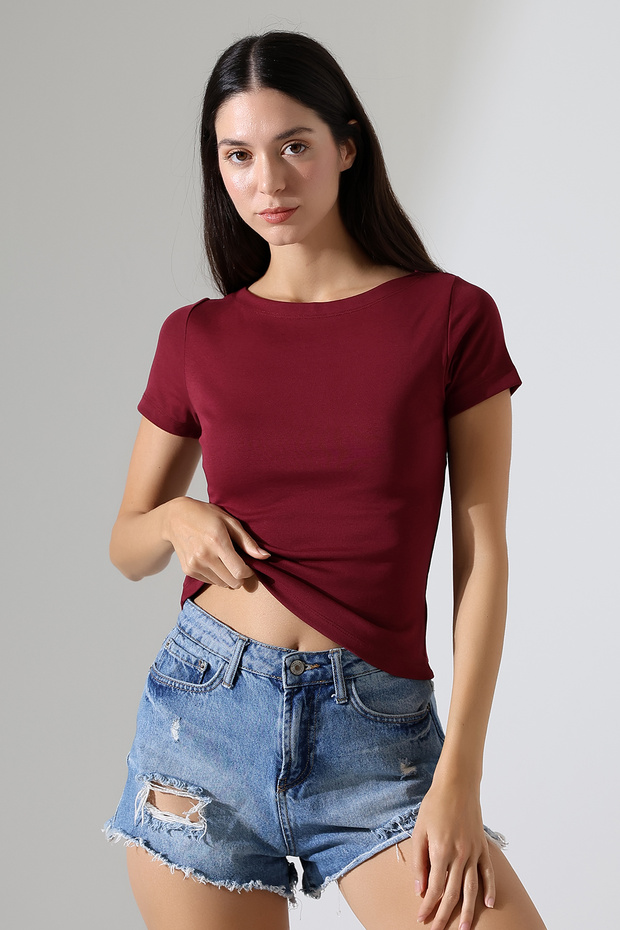 Rib Fabric Boat Neck Short Sleeve Basic Women's T-Shirt 21996 Claret Red