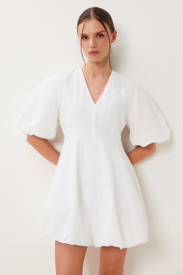 Embroidery Embroidered Woven Balloon Dress White Lfn0103