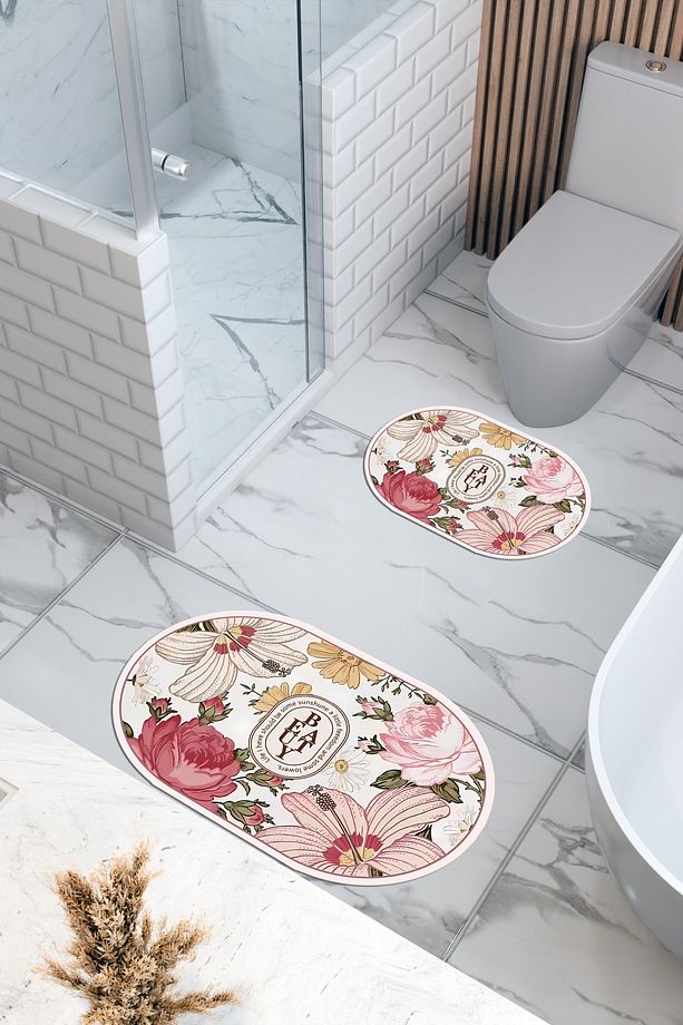 Beauty Desenli Eko Banyo Paspası, Kaymaz Taban, Makinada Yıkanabilir, Dijital Baskı 2'li Set - 2
