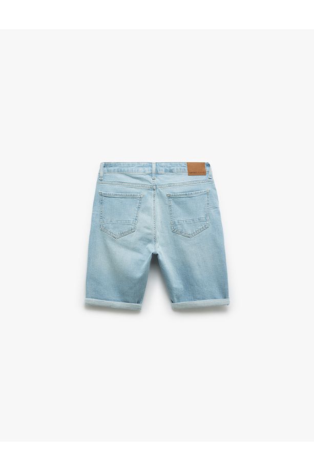 Slim Fit Pamuklu Katlamalı Paça Denim Şort - 5