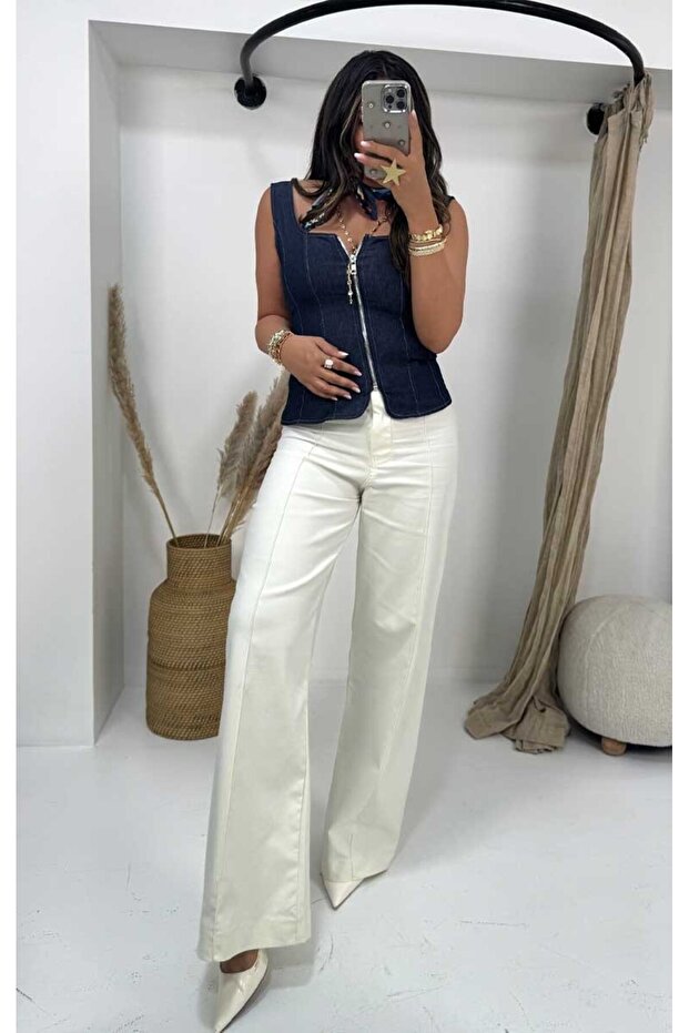Full Lycra Striped Spanish Leg Trousers Off White