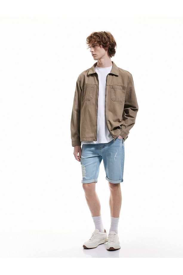 Slim Fit Pamuklu Katlamalı Paça Denim Şort - 2