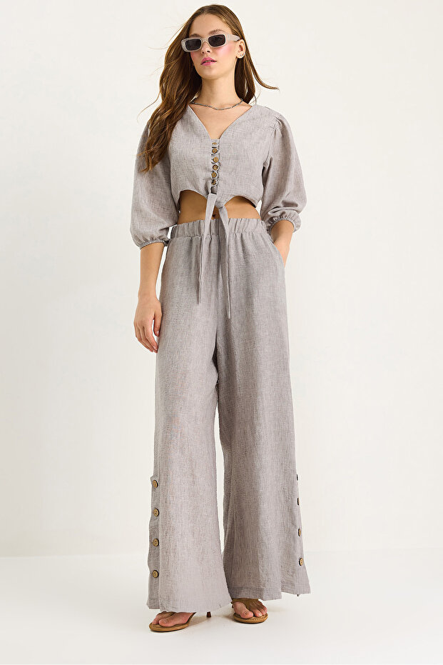 Women's Gray Tie-Detail Blouse Lined Buttoned Cuffed Pants Lined Top and Bottom Set 9266 60281046