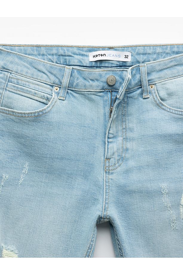 Slim Fit Pamuklu Katlamalı Paça Denim Şort - 8