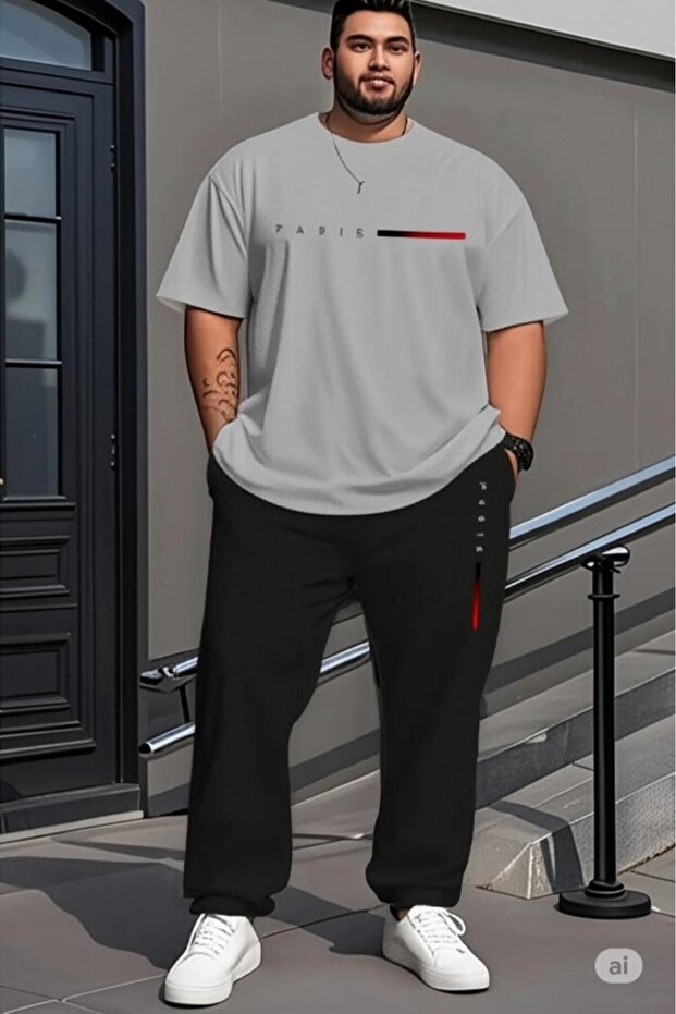 Men's Stone Gray T-Shirt Black Sweatpants Bottom Red Paris Large Size Battal Size Team