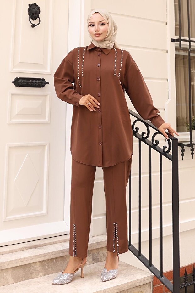 Pearl Detailed Suit Brown 19259
