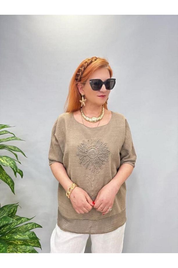 Kadın Büyük Beden Yuvarlak Yakalı Aplike Pullu Ayçiçeği Desenli 3/4 Kollu Oversize Bluz %100 Pamuk - 3
