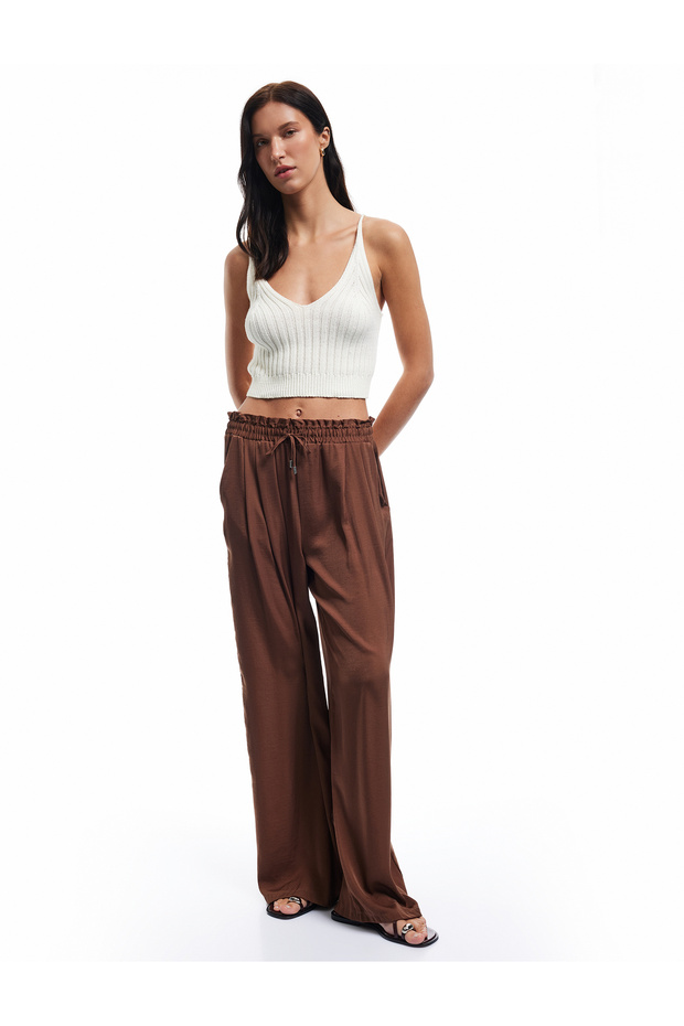 Aerobin Fabric Waist Lace-Up Pocket Wide Leg Palazzo Satin Pants