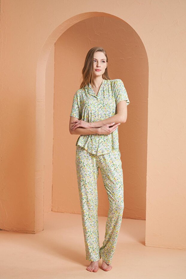 Kadın Sarı Düğmeli Pijama Takımı 27055 - 2