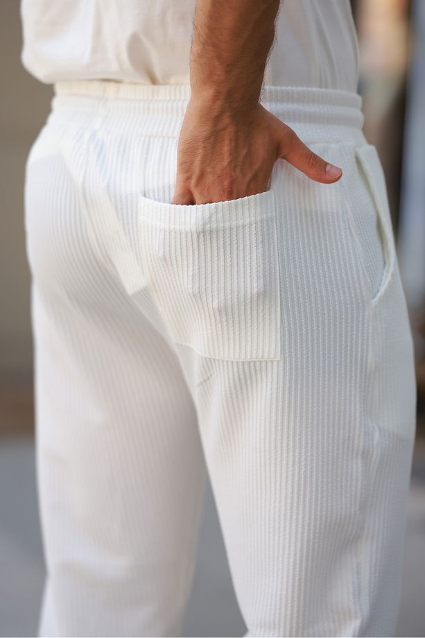 Erkek Regular Beyaz Fit Cepli Fırfır Desenli Jogger Pantolon - 3