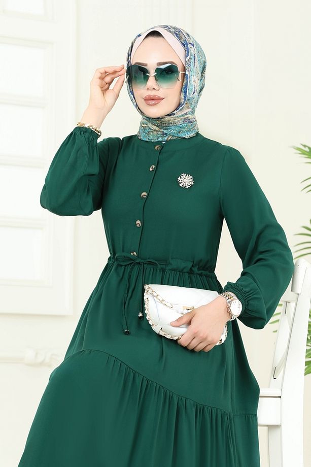 Beli Tünelli Viskon Elbise 1126BG354 Açık Zümrüt - 5