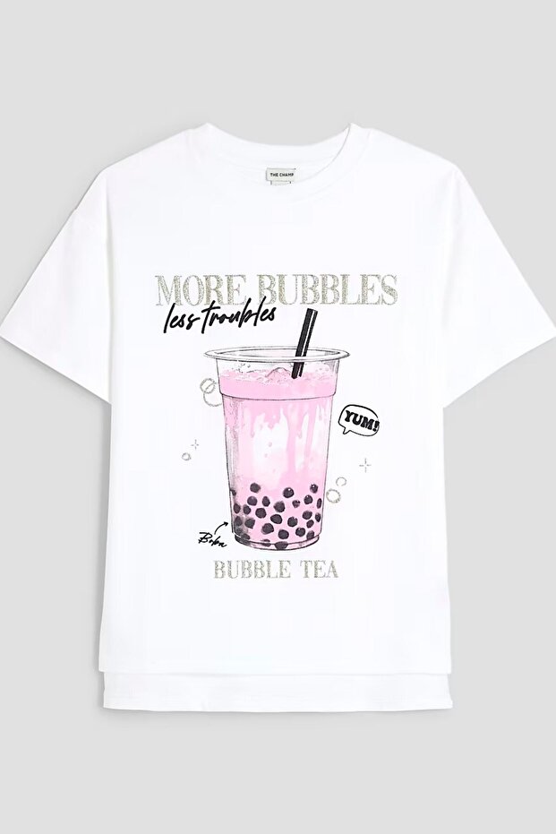 Girls' Bubble Tea Printed White T-Shirt – Summer Cotton
