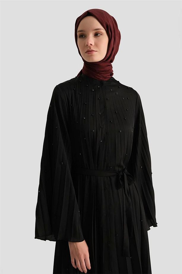 Taş İşlemeli Piliseli Abaya 25Y8302 Siyah - 4