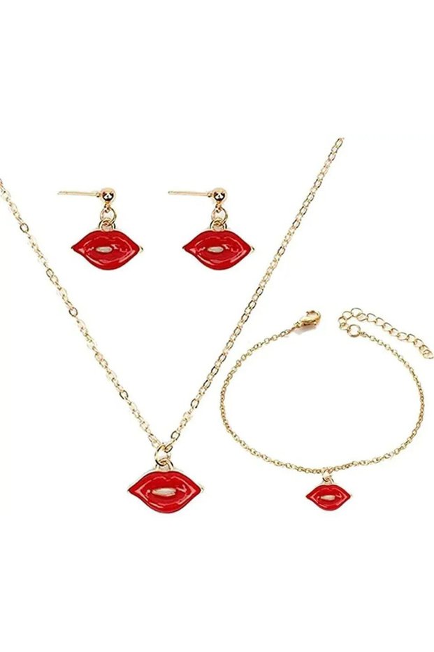 3-Piece Red Lip Figured Gold Color Women's Jewelry Set Necklace, Bracelet, Earrings