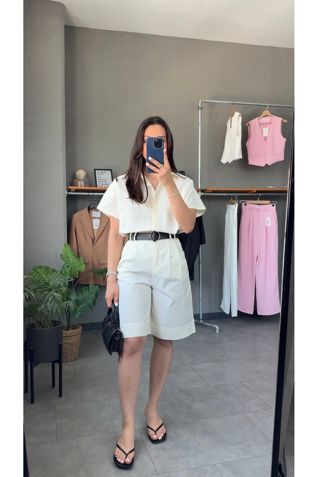 Gabardin Gömlek Kemerli Bermuda Şort Takım - 1