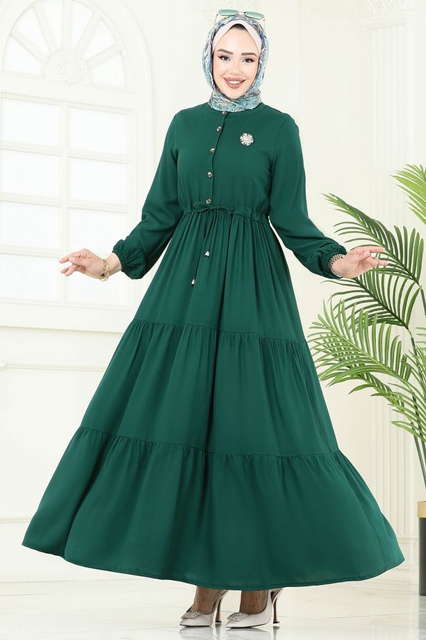 Beli Tünelli Viskon Elbise 1126BG354 Açık Zümrüt - 3
