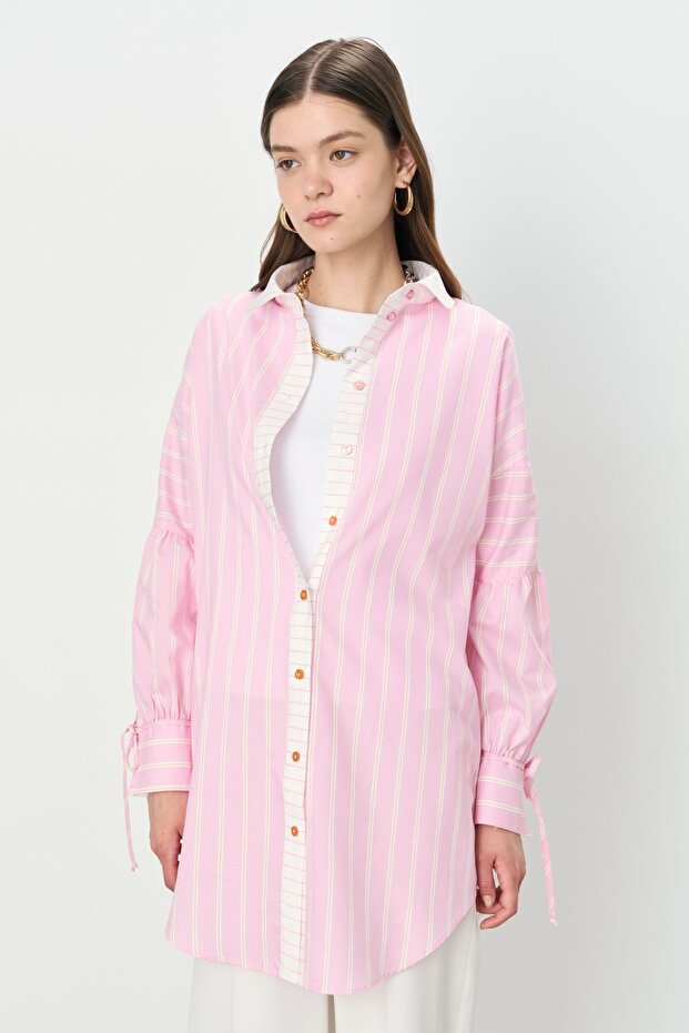 Striped Shirt Collar Cotton Tunic Pink