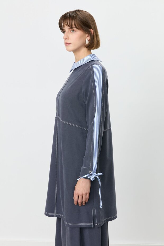 Garnili Gömlek Yaka Örme Tunik Lacivert - 3