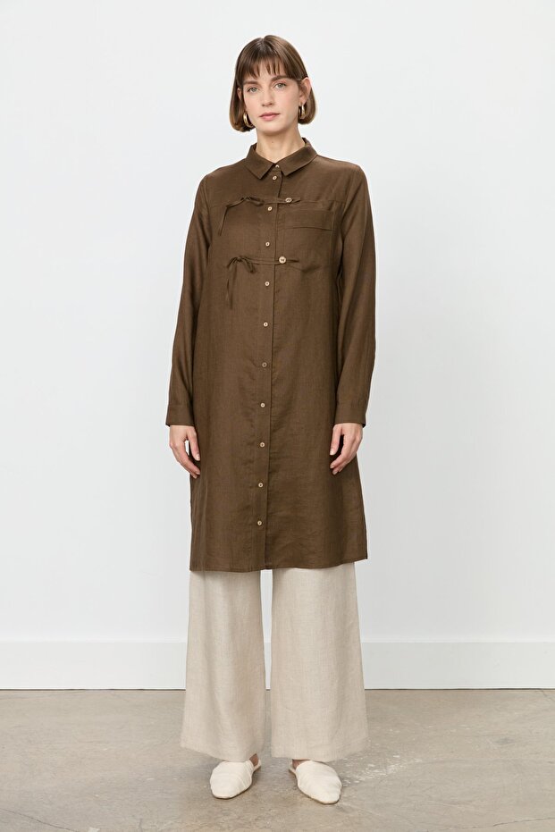 Bow and Pocket Detailed Linen Tunic Brown