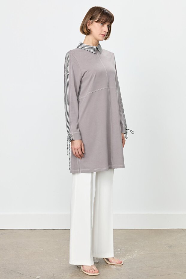 Garnili Gömlek Yaka Örme Tunik Gri - 3