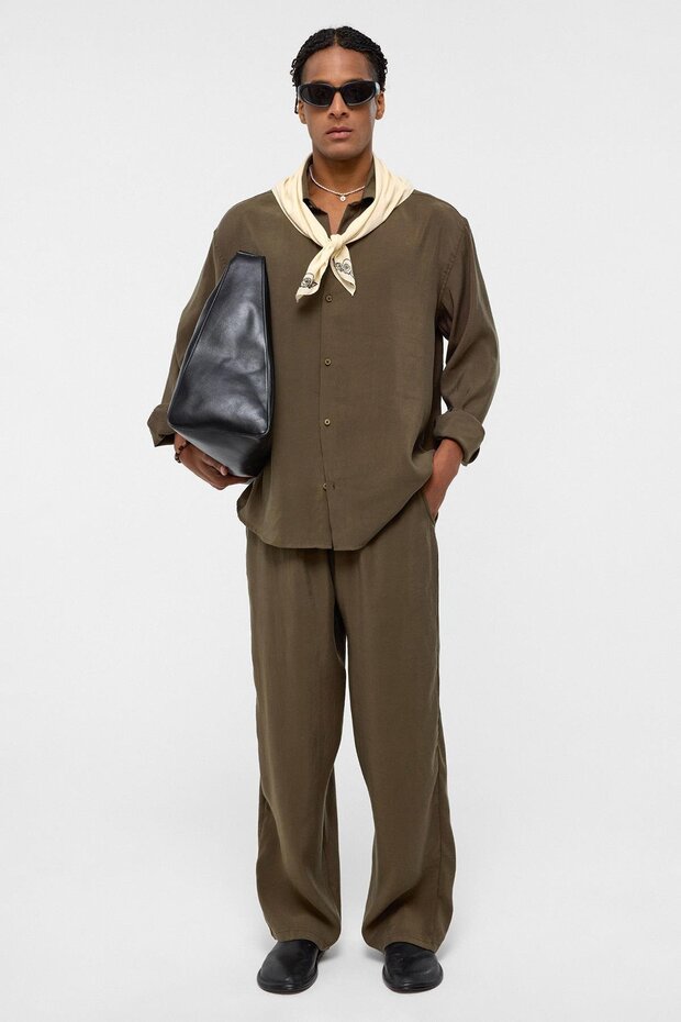 Basic Oversize Long Sleeve Modal Blended Shirt Khaki