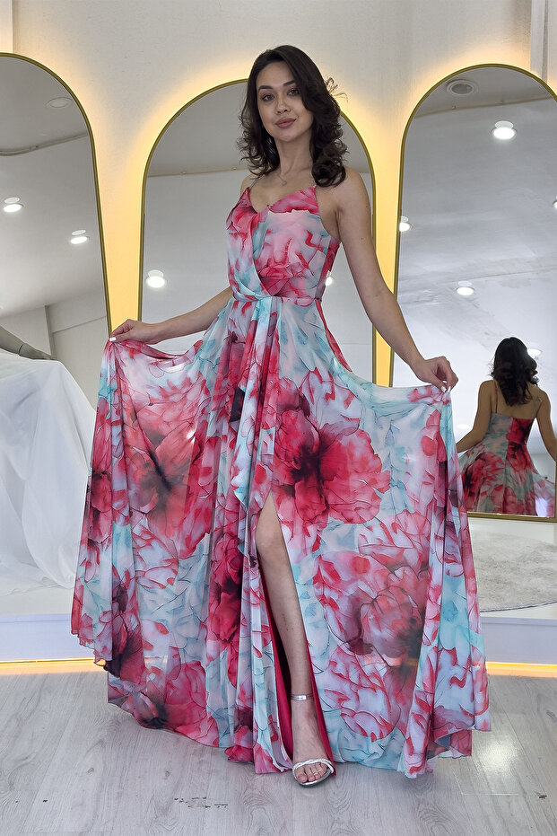 Women's Strap Pink Floral Patterned Long Slit Chiffon Evening Dress