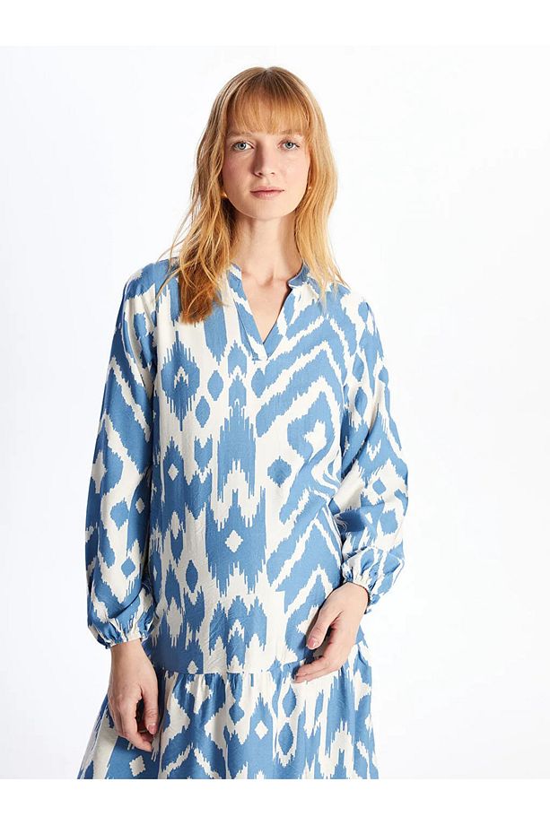 LCWAIKIKI Maternity Indigo Kaçık Yaka Desenli Uzun Kollu Hamile Elbise - 1