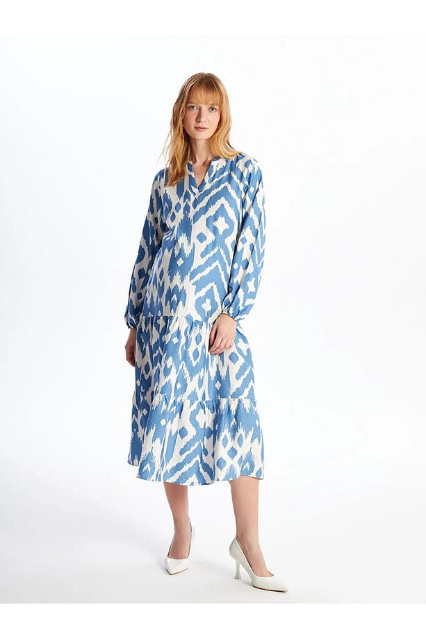 LCWAIKIKI Maternity Indigo Kaçık Yaka Desenli Uzun Kollu Hamile Elbise - 3