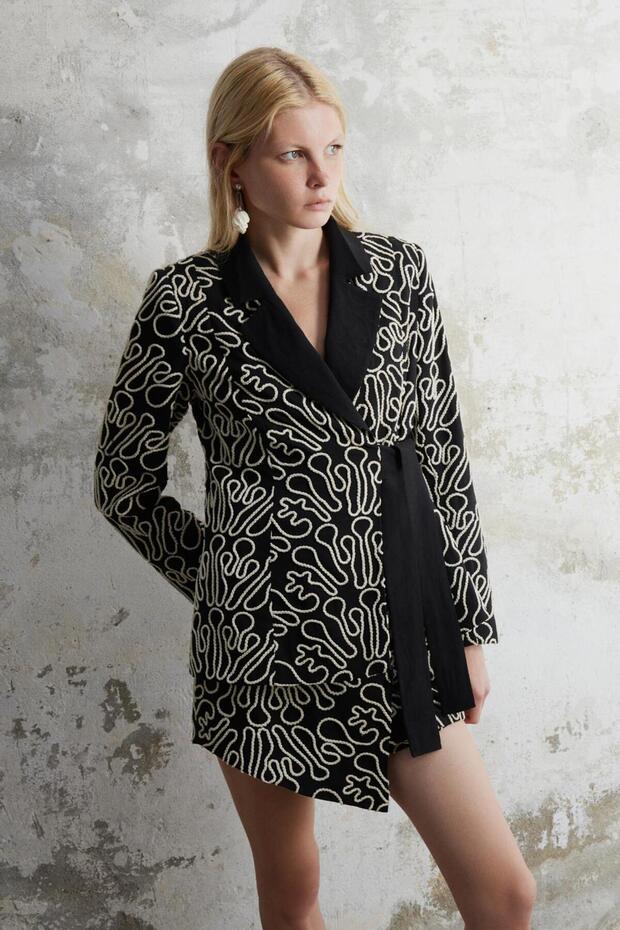 Emrovic-Asymmetric Patterned Belted Jacket - 1