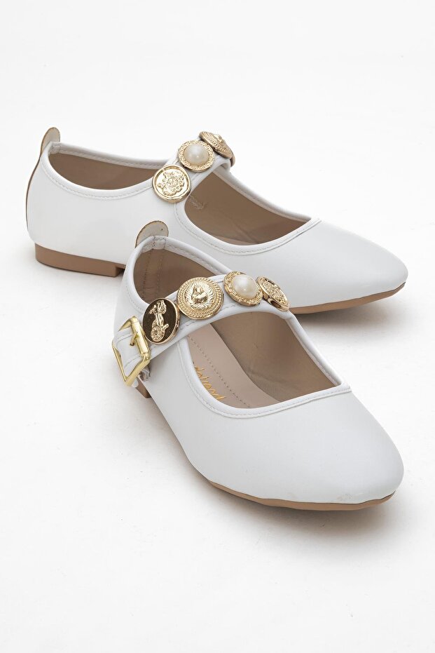 Women's Belted Crested Single-Piece Blunt Toe Ballerinas White